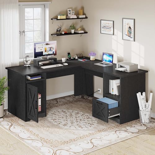 YITAHOME L Shaped Desk with Power Outlets, 60 Inch Computer Desk Corner Desk with File Drawer, Home Office Desk with Monitor Stand & Storage Shelves, L-Shaped Desk with File Cabinet, Black YITAHOME