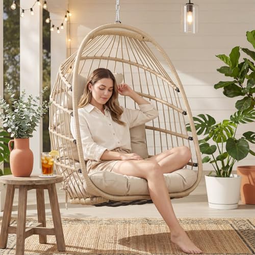 Nicesoul Outdoor Hanging Egg Chair Without Stand, Patio Wicker Swing Egg Basket Chairs with Padded Cushion, 350 Lbs Comfy Cozy Ceiling Tree Swinging Egg-Shaped Chair No Stand for Indoor Balcony, Beige NICESOUL