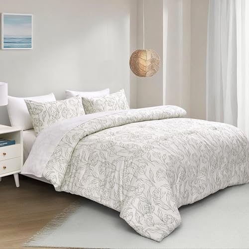 Arianaut Cotton Printed Comforter Set – Soft & Breathable Bedding Quilt Set with Microfiber Fill – Includes 1 Comforter & 2 Pillowcases – Lightweight & All-Season (White Printed, Queen) Arianaut