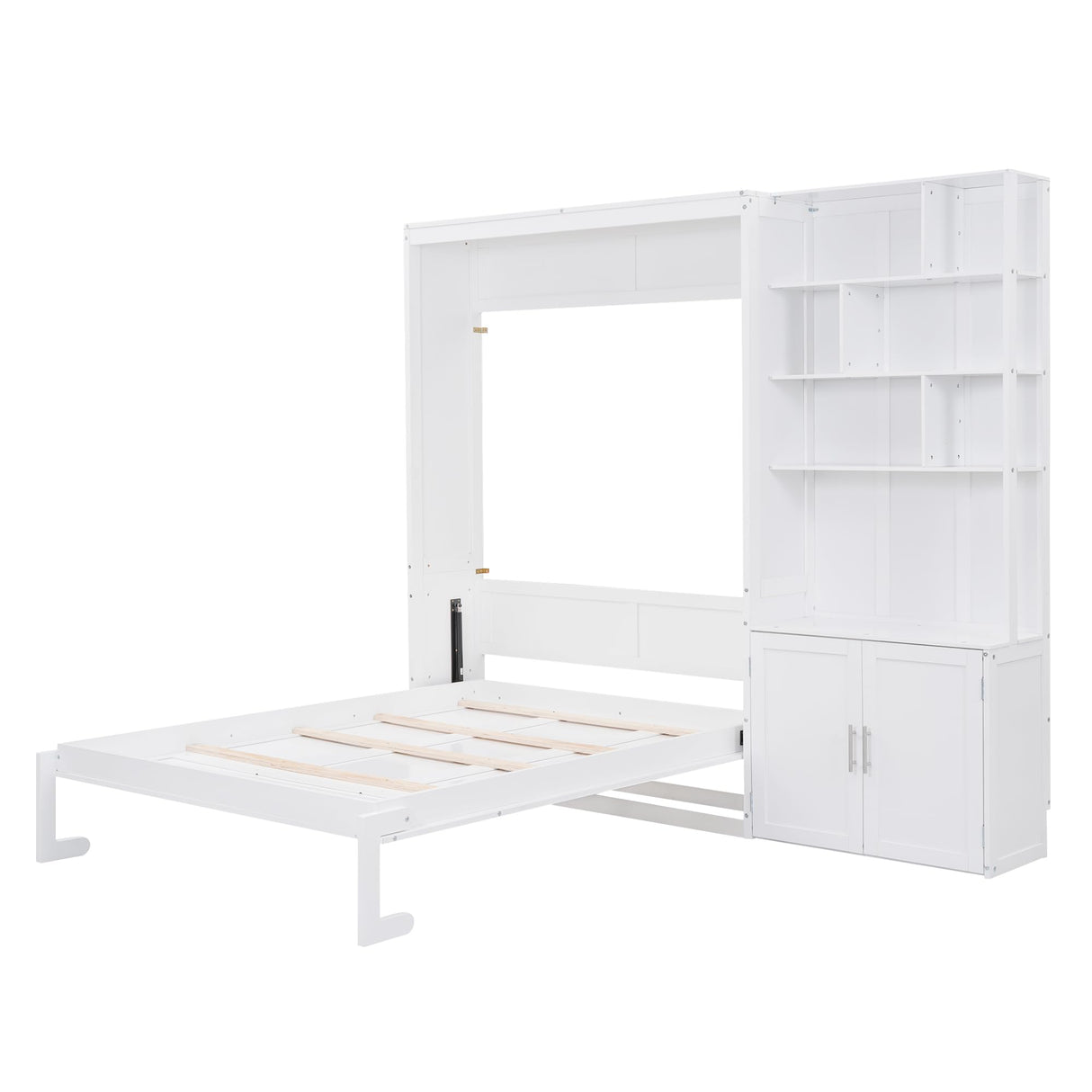 Merax Full Size Murphy Bed, White Wood Wall Bed Cabinet with Multiple Storage Shelves and a Cabinet, White Merax