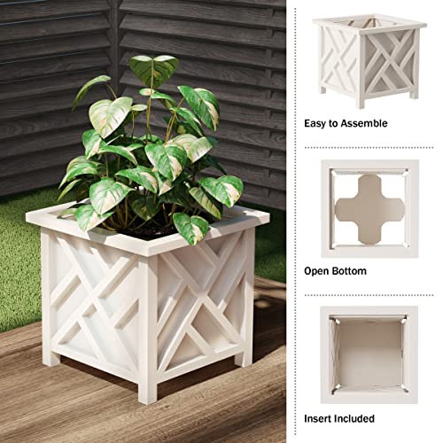 Lattice Design Planter Box - 14.75-Inch-Square Decorative Outdoor Flower or Plant Pot - Front Porch, Patio, and Garden Decor by Pure Garden (White) Pure Garden