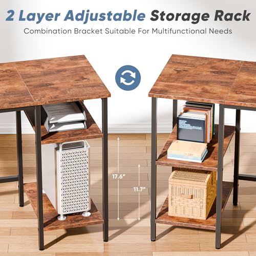 DUMOS 62 Inch L Shaped Gaming Desk with Charging Station & 2 Monitor Stands, Computer Desk with Drawer & Adjustable Storage Shelves, Large Corner Desk for Home Office, Rust Brown DUMOS
