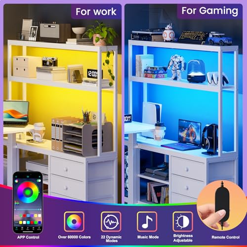 REAHOME 65" L Shaped Standing Desk with Storage, Height Adjustable Electric Sit Stand Up Desk with Hutch & Drawers, Charging Station, LED Light, Cable Management, Home Office Desk, White REAHOME