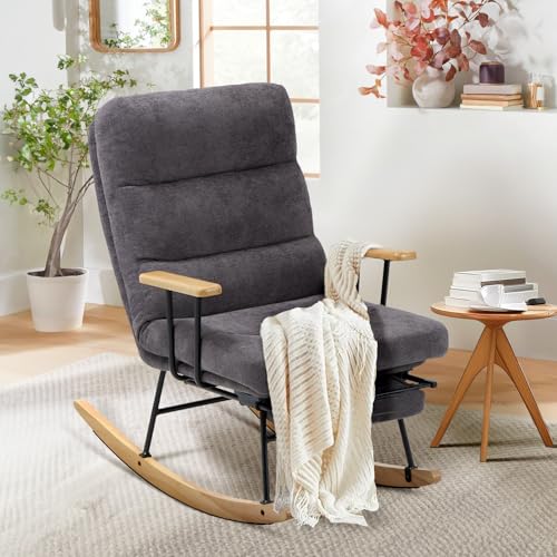 Rocking Chair with Footrest-Glider Rocking Chair with Retractable Footrest and Adjustable Backrest, Teddy Upholstered Accent Chair, Reading Chair Rocking Accent Chairs Glider Recliner for Living Room COLAMY
