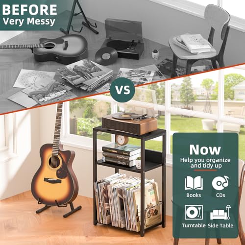 LELELINKY Record Player Stand, 3-Tier End Side Table with Vinyl Record Storage, Vinyl Record Holder Up to 120 Albums, Turntable Stand with Vinyls Storage for Music Living Room LELELINKY
