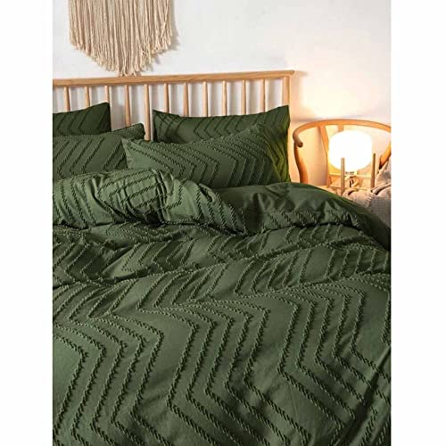 Nanko King Comforter Set Dark Green Tufted Jacquard Boho Soft Shabby Chic Reversible Down Alternative Microfiber Bedding - All Season Duvet Bohemia Bed Sets Women Men Size 104 x 90 3pc, Green Nanko
