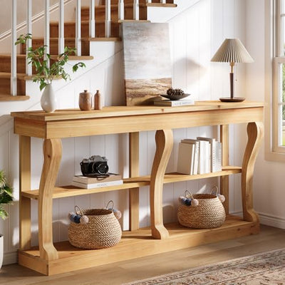 TRIBEWOOD Solid Wood Console Table for Entryway, 63-Inch 3-Tier Sofa Table Behind The Couch with Storage, Farmhouse Entryway Furniture for Living Room, Foyer, Hallway, Natural Wood