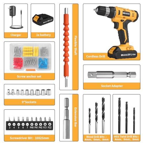 FADAKWALT Cordless Drill Set, 20V Electric Power Drill with Battery And Charger, Torque 30N, 21+1 Torque Setting, 3/8-Inch Keyless Chuck, Drill Driver Bits Kit, with LED Electric Drill Set. (Yellow) FADAKWALT
