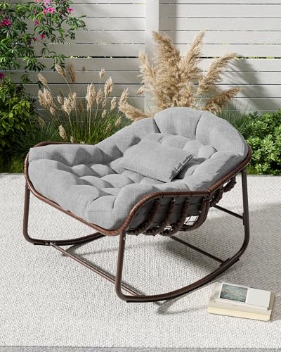 GarveeLife Outdoor Papasan Rocking Chair, Oversized Wicker Lounge Chair with Cushion and Metal Frame, Patio Rattan Egg Rocker for Balcony Backyard Porch Bedroom, Grey