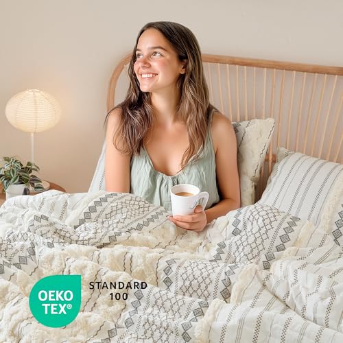 INK+IVY Imani 100% Cotton Duvet Mid Century Modern Design, All Season Comforter Cover Bedding Set, Matching Shams, Full/Queen, Ivory Chenille Tufted Accent 3 Piece INK+IVY