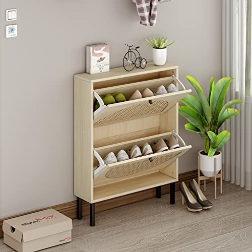 ZeHuoGe Natural Rattan Shoe Cabinet with 2 Flip Drawers, Entrance Hallway Free Standing Shoe Racks with Metal Legs for Heels, Slippers (Natural) ZeHuoGe