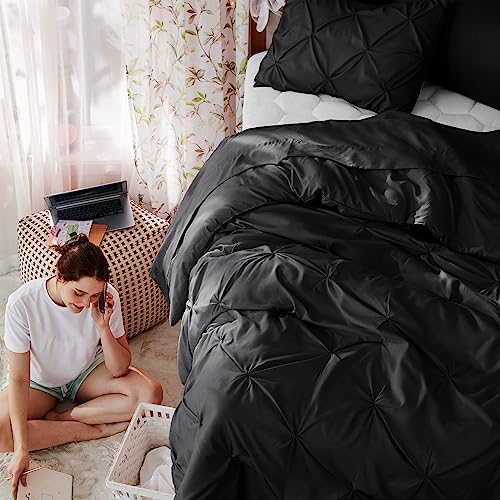 Bedsure Twin Comforter Set Black - Bed in a Bag Twin Size Bedding 5 Pieces, GentleSoft™ Pintuck Bed Set Gift for Family, Pinch Pleat Black Comforter with Sheets, Pillowcase & Sham Bedsure