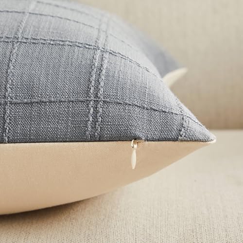 ZeeMart Linen Checked Throw Pillow Covers Set of 2, 18x18 Inch Blue Ashes/Cream, Farmhouse Decorative Single Sided Grid Embroidered Couch Pillow Cases Blue Grey Cotton Linen Cushion Covers ZeeMart