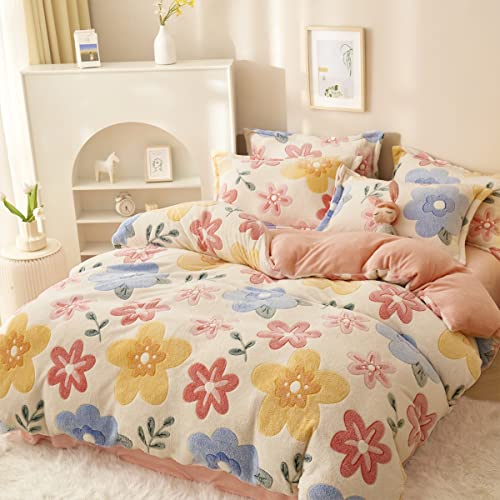 LMONMOO Pink Duvet Cover Queen Size, Fluffy Comforter Cover Set, Kawaii Bunny Bedding Sets for Girl Ultra Soft Cute Floral Bed Set for Kids (Flower, Queen) LMONMOO