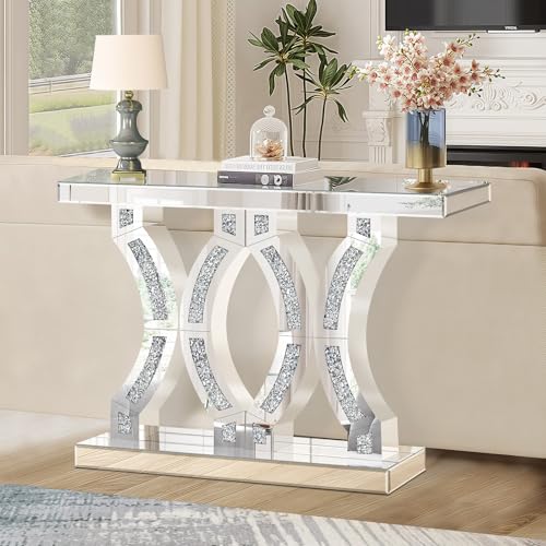 GA Home Silver Mirrored Console Table with Crushed Diamond Inlay, 39.37" Long Narrow Hallway Table for Entryway Foyer, Modern Glass Sofa Tables for Living Room GA Home