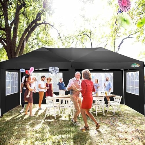 COBIZI Canopy 10x20 Pop Up Canopy Tent with 6 Sidewalls Party Tents for Parties Weddings Backyard Waterproof Outdoor Commercial Event Tent with Stakes, Ropes, Black COBIZI
