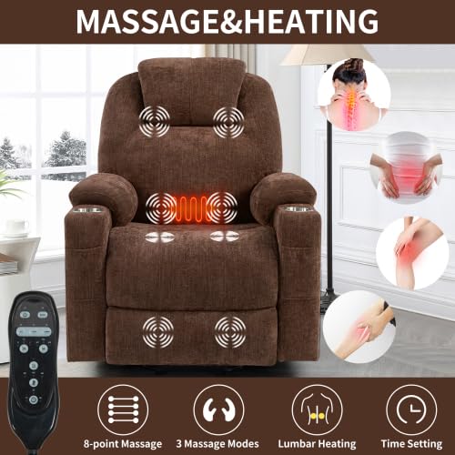 Dual Motor Power Lift Recliner Chair for Elderly,Heavy Duty 400 lbs, Oversized with Heat & Massage,Zero Gravity Lay Flat, Adjustable Lumbar Support, Electric Lift Assist Recliner (Brown+2 Cup) Anwick