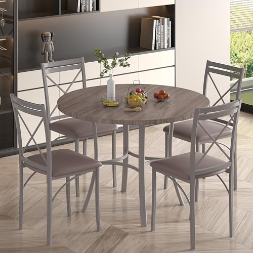 VECELO 5 Piece Dining Table Set for 4, Wood Grain Dinette with Chairs for Kitchen, Breakfast Nook, Small Space, Light Grey VECELO