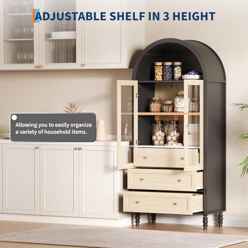 Curtainboro 70in Tall Arched Pantry Cabinet, Wooden Kitchen Bookcase Storage Cabinet with LED Light 3 Drawers Adjustable Shelves Glass Door for Kitchen Living Dining Room, Oak & Black Curtainboro