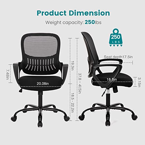 DUMOS Home Office Chair, Mid Back Computer Ergonomic Mesh Desk with Large Seat, Executive Height Adjustable Swivel Task with Lumbar Support and Armrest, for Adults, Black DUMOS