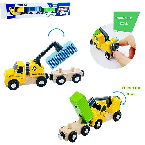 Wooden Trains Cars with Crane Magnetic Train Toys for Wooden Train Tracks Train Sets for Toddlers and Kids Ages 3+ (Crane Train) SAIBURAZ