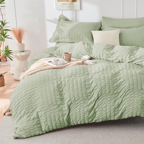 HYMOKEGE Light Green Queen Comforter Set Seersucker 7 Pieces, All Season Luxury Bed in a Bag for Bedroom, Bedding Set with Comforters, Sheets, Pillowcases & Shams HYMOKEGE