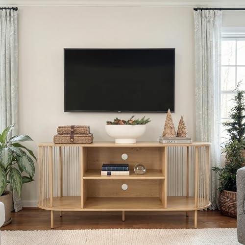 Brafab 4-Piece Living Room Table Set, 60" Boho TV Stand with Hand-Woven Ropes, Round Rattan Coffee Table & 2 Side Tables Brafab