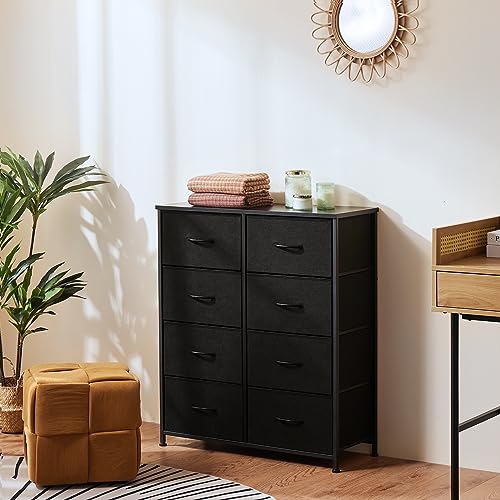 DUMOS 8 Drawer Dresser for Bedroom, Fabric Storage Organizer with Sturdy Metal Frame, Wooden Top Chest of Drawers for Closet Entryway Guest Room,Matte Black DUMOS