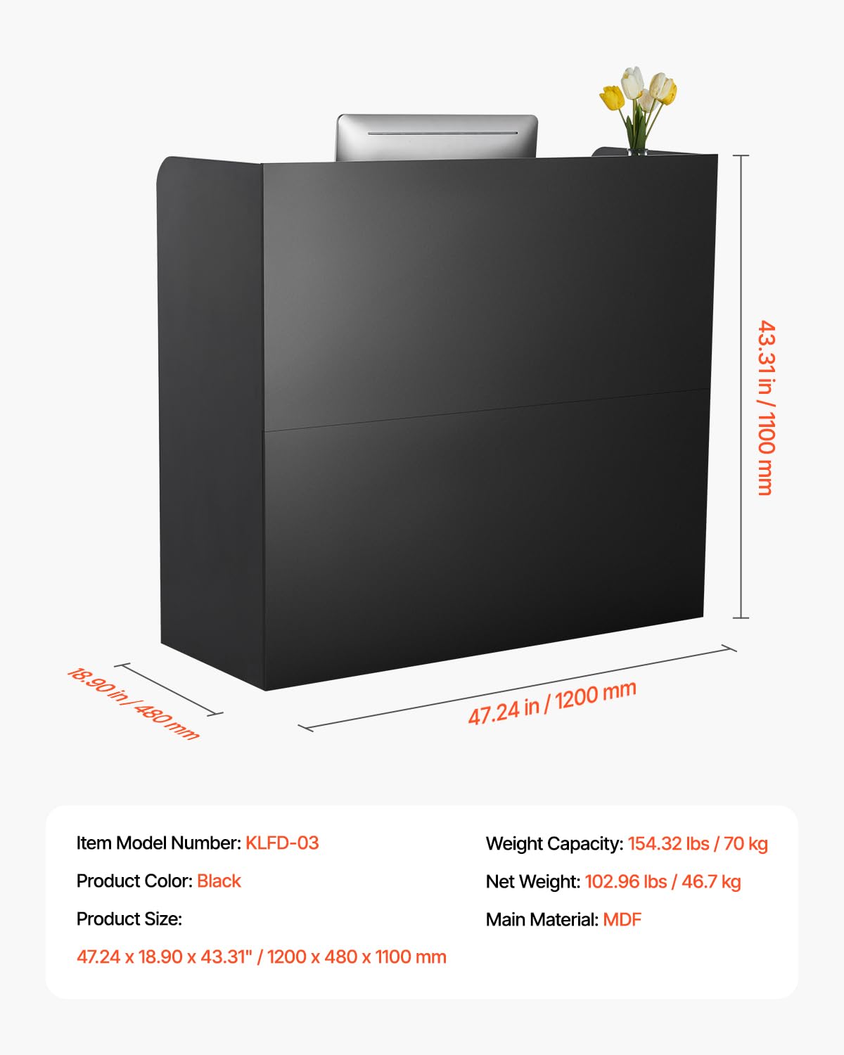 VEVOR Reception Desk, 47 Inch Rectangular Front Counter Table, Office Reception Counter with Lockable Drawer and Storage Cabinet, for Checkout, Lobby, Beauty Salon and Office, Black VEVOR