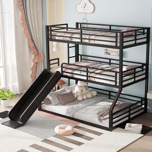 Bellemave Triple bunk beds with Slide Twin Over Twin Over Full Triple Bed Frame 3 Bunk Beds for Kids Teens Boys Girls with Ladder/Full-Length Guardrails, Black Bellemave