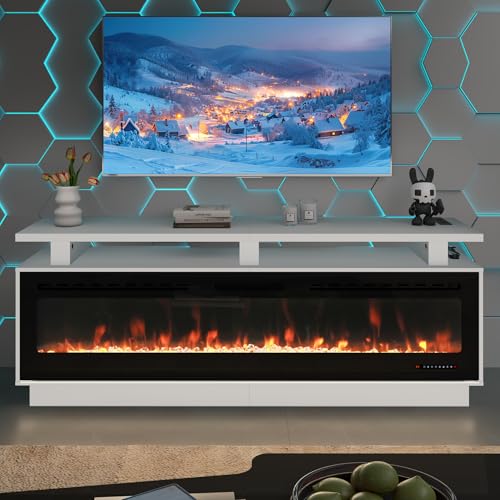Fireplace TV Stand with 70" Smart Electric Fireplace, Wood Fireplace with Mantel, Modern Fire Place Cabinet with Socket for Living Room Farmhouse Entertainment Center (White, 70 ”) ROCSUMOO