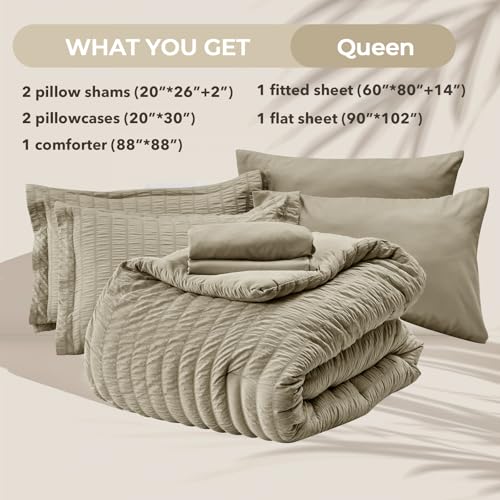 HYMOKEGE Linen Queen Comforter Set Seersucker 7 Pieces, All Season Luxury Bed in a Bag Queen for Bedroom, Bedding Set with Comforter, Sheets, Pillowcases & Shams HYMOKEGE