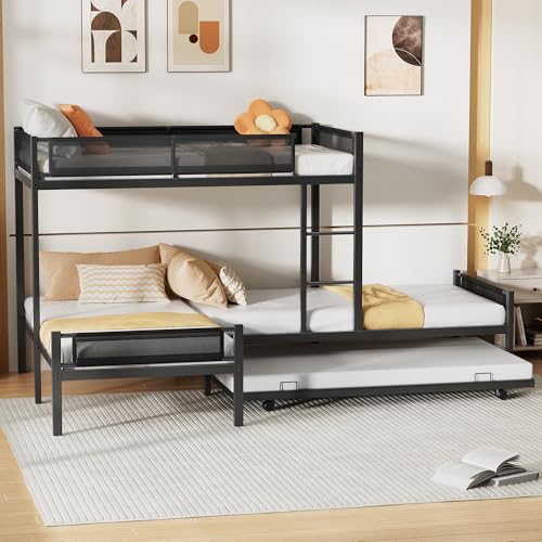 PVWIIK L-Shape Metal Triple Bunk Bed with Trundle 4 Kids,Teens,Adults Bedroom,Metal Bunk Bed with Guardrail & Ladder, No Box Spring Needed,Black PVWIIK