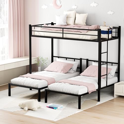 TURRIDU Metal Triple Bunk Bed for 3, Twin Over Twin Over Twin Bunk Beds with Built-in Ladders, Separates into 3 Twin Beds for Teens, Adults, No Box Spring Needed, Black TURRIDU