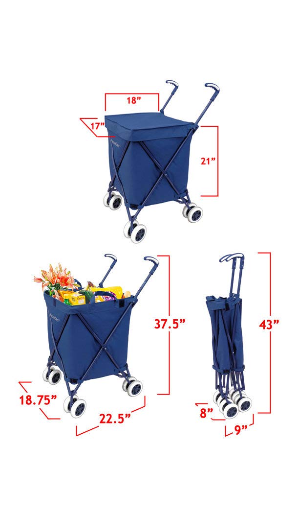 VersaCart Transit -The Original Patented Folding Shopping and Utility Cart, Water-Resistant Heavy-Duty Canvas with Cover, Double Front Swivel Wheels, Compact, Transport Up to 120 Pounds, Blue Versacart