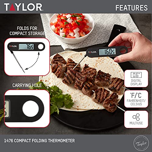 Taylor 1476 Instant Read Digital Meat Food Grill BBQ Cooking Kitchen Thermometer, Tailgating and Grilling Compact Folding Probe, Black Taylor
