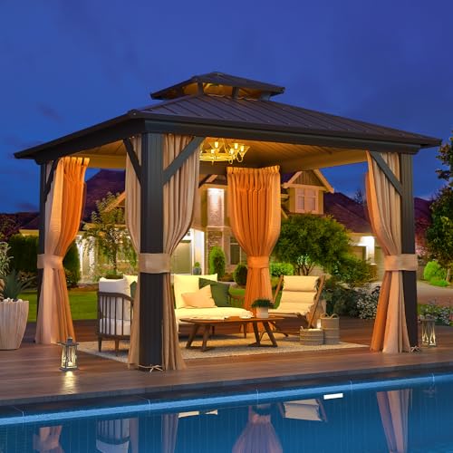 EROMMY 10' x 10' Hardtop Gazebo, Galvanized Steel Double Roof Gazebo with Aluminum Frame, Permanent Outdoor Metal Pavilion with Curtain and Netting for Patio, Lawn and Garden EROMMY