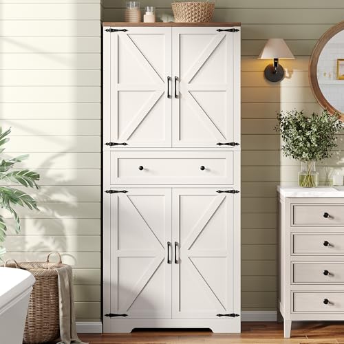 71" Tall Kitchen Pantry Storage Cabinet with Barn Doors and Shelves, White Farmhouse Linen Storage Cabinet With Drawers, Free standing Food Pantry Cabinets for Kitchen, Dining Room, Living Room Befrases