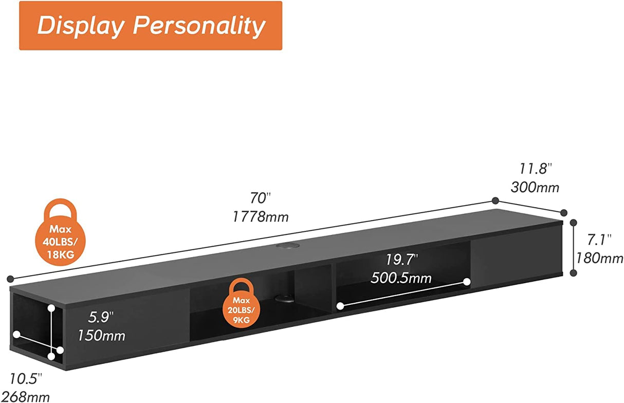 WAMPAT 70 inch Floating TV Stand with RGB Lights, Floating Entertainment Center for TVs up to 75 inch, Floating TV Shelf Wall Mounted with Storage Space for Living Room, Black WAMPAT