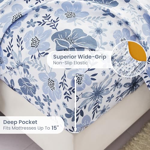 Mooreeke Queen Size Sheets Set - 4 Piece Soft Breathable Microfiber Bed Sheet Set - Blue & White Flower Pattern Sheet Set Queen - Deep Pocket Non-Slip Floral Fitted Sheet Included for All Season Mooreeke