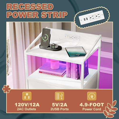 EKNKOZY Nightstand 5 Drawer Dresser with LED Lights and Charging Station, Vertical Side Table with Fabric Drawers, End Table with Open Shelf, Tall Dresser for Bedroom, Hallway, Entryway, White EKNKOZY