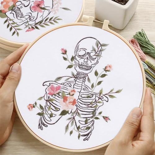 Yangshine 2 Sets Human Anatomy Embroidery Kit for Beginners,Flower with Skull Patterns Cross Stitch Kits,Including Embroidery Hoops, Fabric,Color Threads,Needles,Instructions and Tool Kit