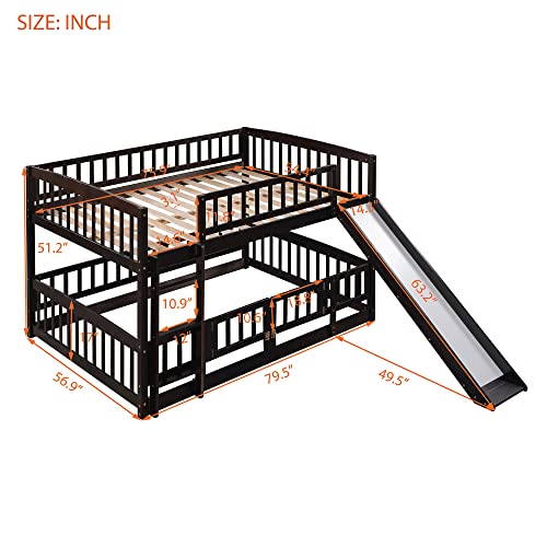 Merax Full Over Full Bunk Bed with Slide, Low Bunk Bed with Fence and Ladder, Solid Pine Wood Structure forBedroom, Espresso Merax