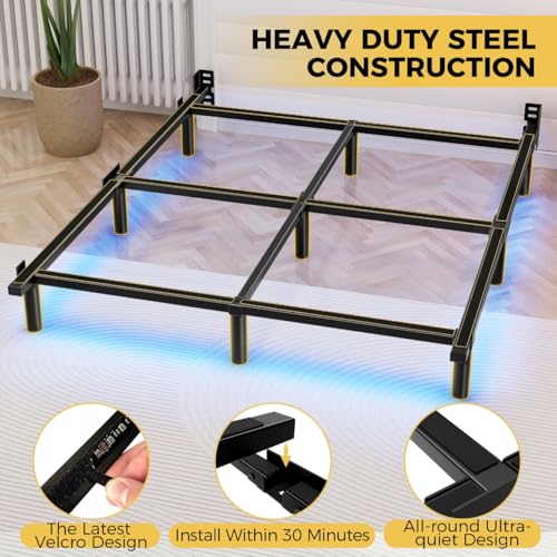 Awesofurni Full Size Bed Frame with Smart LED Lights, 7 Inch Basics Metal Bed Frame, Heavy Duty 9-Leg Base for Box Spring and Mattress, Noise-Free, Easy Assembly, Black Awesofurni