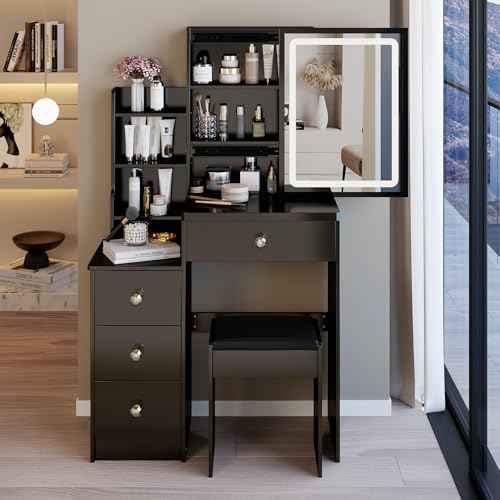 Montary 29.2" Small Size Vanity Desk Set with Plush Cushioned Stool - Sliding Mirror with Adjustable LED Light, Drawers, Multi-Layer & Hidden Storage,Practical & Stylish, Black Montary