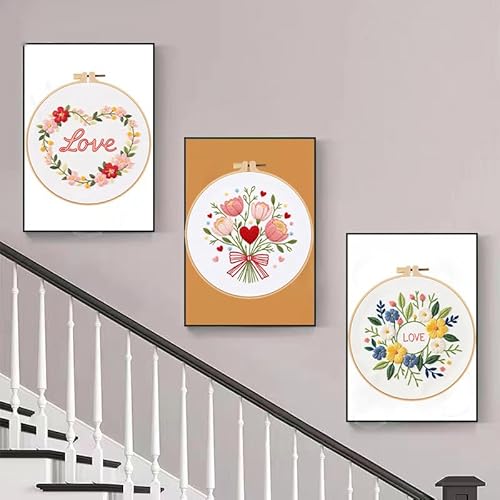 Konrisa 3pcs Love Flower Embroidery Kits for Beginners Adults, DIY Sewing Needlepoint Cross Stitch Kits for Anniversary Valentine's Day, Brithday, Christmas and Home Decoration