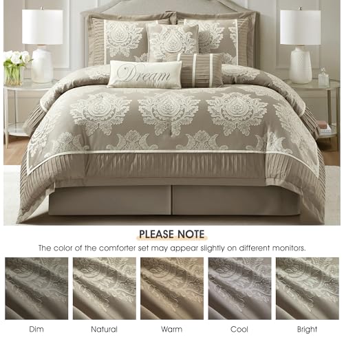 LANCO MODERN LIFESTYLE Beige King Size Comforter Set 7 Pieces, Jacquard Woven with Damask, Bedding Set in a Bag Includes Comforter, Bed Skirt, Pillow Shams, and Decorative Pillows LANCO MODERN LIFESTYLE