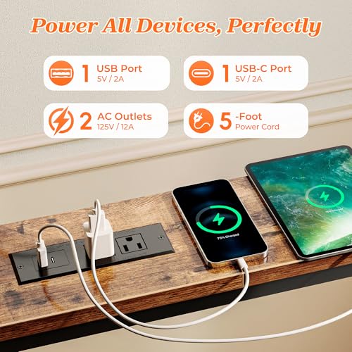 SUPERJARE 102 Inch Sofa Table with 2 Power Outlets and USB-C Ports, 5.9 Inch Narrow Console Table with Storage, Extra-Long, for Entryway Hallway Couch Behind Sofa, Small Spaces, Rustic Brown SUPERJARE