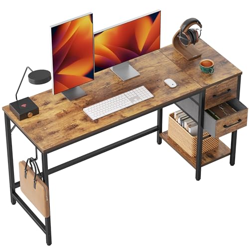 CubiCubi Computer Desk with 2 Drawers, 47 Inch Small Home Office Desk with Storage Study Writing Table, Rustic Brown CubiCubi