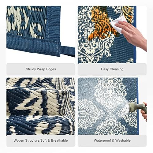 wikiwiki Outdoor Rug, 8x10ft Waterproof Reversible Mat Indoor Outdoor Rugs Carpet, Small Area Rug Plastic Straw Rug for Patio Deck Balcony Pool RV Camping Beach Picnic, Blue & Beige, Rugscape Series wikiwiki